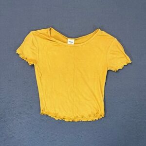 Destined Mustard Yellow Ribbed Lettuce Edge Crop Top XS Short Sleeve Rayon Blend